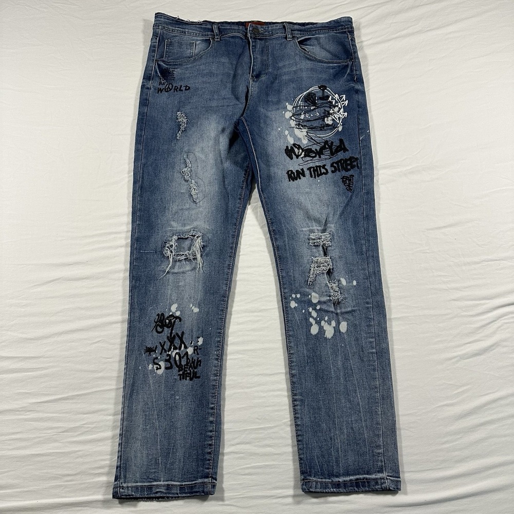 Bleecker and Mercer SLIM FIT DISTRESSED MOTO JEANS INDIGO BLUE Size 42x32 Peace